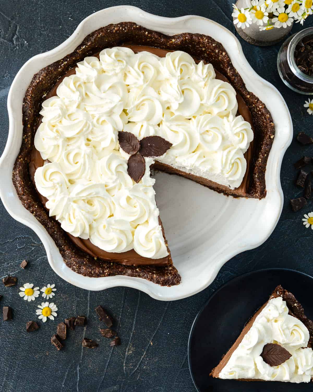 Vegan Chocolate Pie with a slice cut out of it on a plate next ot the pie dish