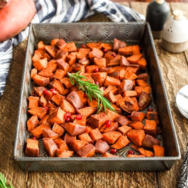 Front view of a pan of Cinnamon Roasted Sweet Potatoes