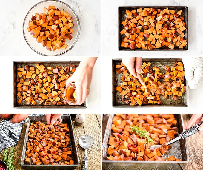 overhead view of six photos showing how to make cinnamon roasted sweet potatoes