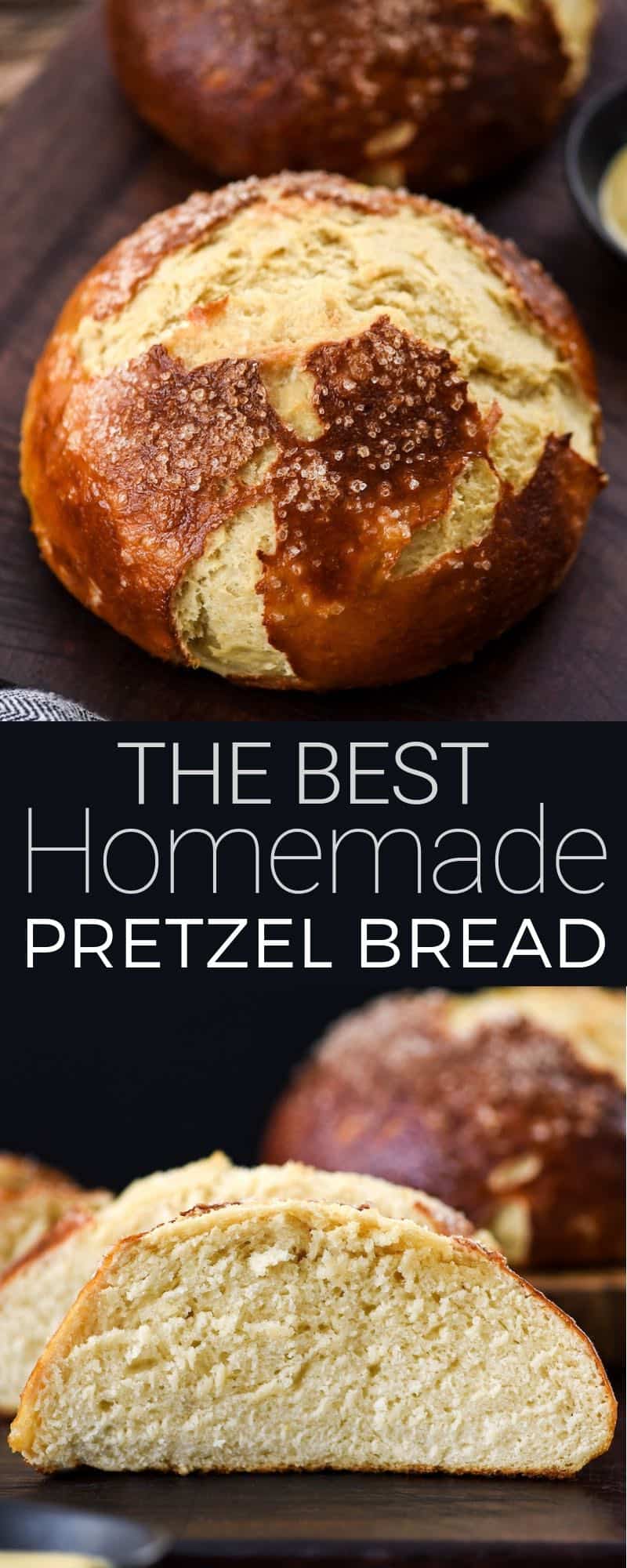 The BEST Homemade Pretzel Bread recipe ever. Seriously, once you make this you will never be able to eat store-bought pretzel bread again! It's dense, soft, chewy, buttery, salty and oh-so-delicious. We've included a video with step-by-step instructions! #pretzelbread #homemade #recipe #bread #recipevideo