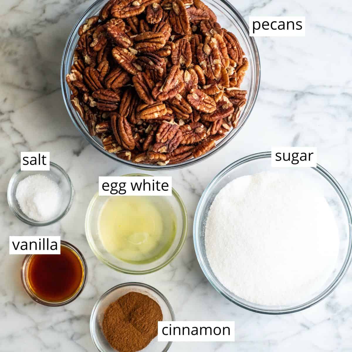 overhead view of the labeled ingredients in this candied cinnamon sugar pecans recipe