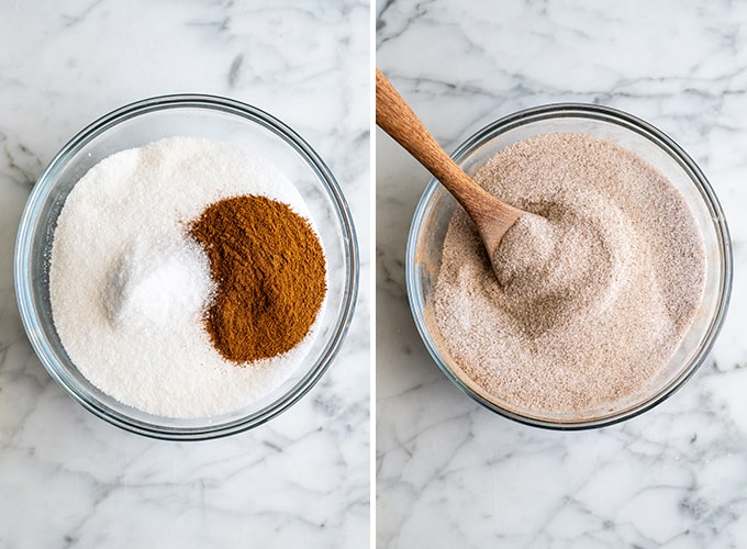 duas fotos em cima mostrando como fazer nozes pecans de canela cristalizadas