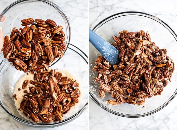 duas fotos em cima mostrando como fazer nozes pecans de canela cristalizadas