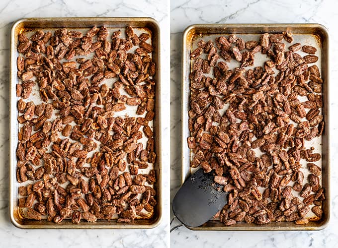 duas fotos em cima mostrando como assar nozes pecans de canela cristalizadas