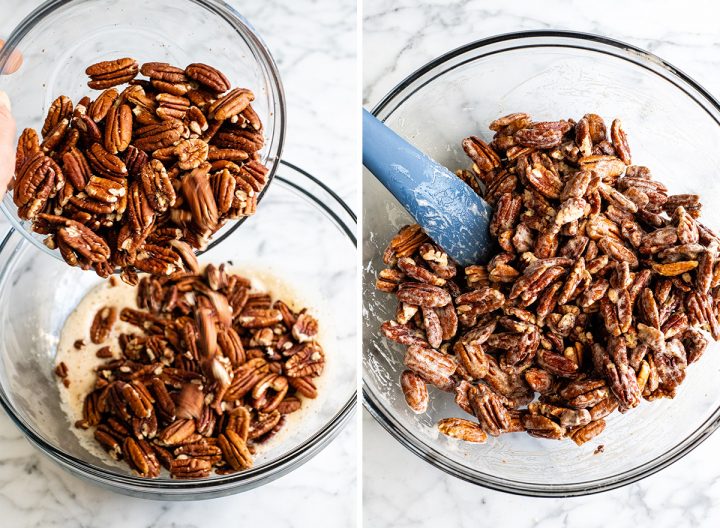 two overhead photos showing how to make candied cinnamon sugar pecans - stirring in pecans