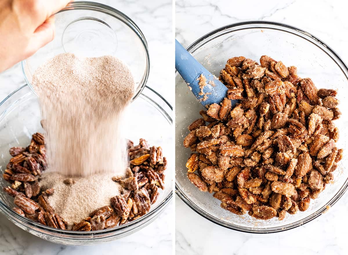 two overhead photos showing how to make candied cinnamon sugar pecans adding dry ingredients