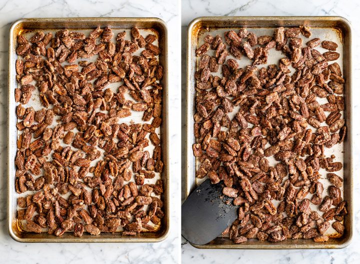 two overhead photos showing how to bake candied cinnamon sugar pecans