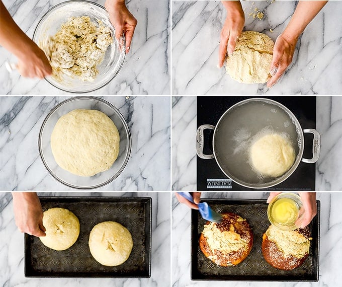 overhead view of six photos showing how to make pretzel bread step by step