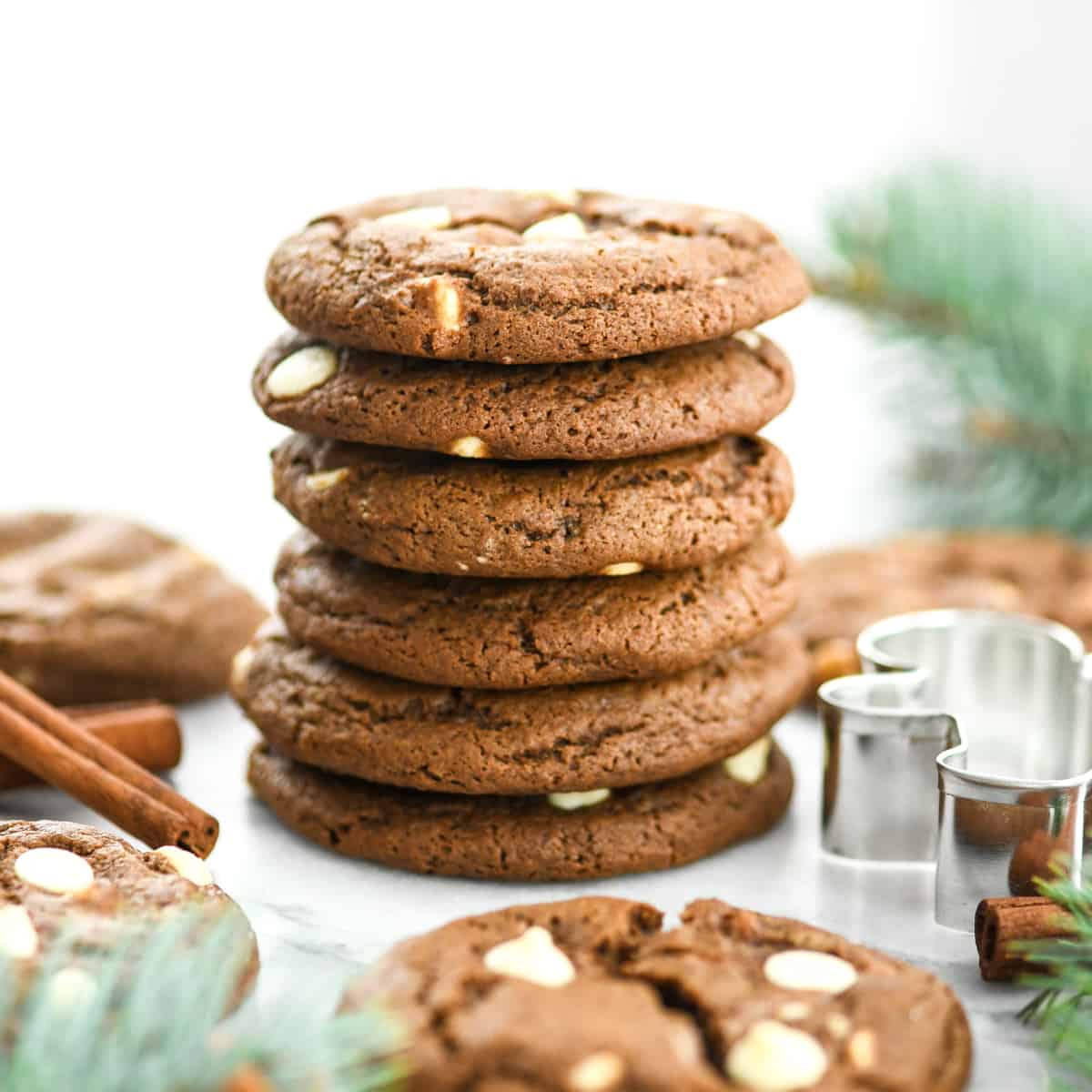 Front view of a stack of six White Chocolate Gingerbread Cookies
