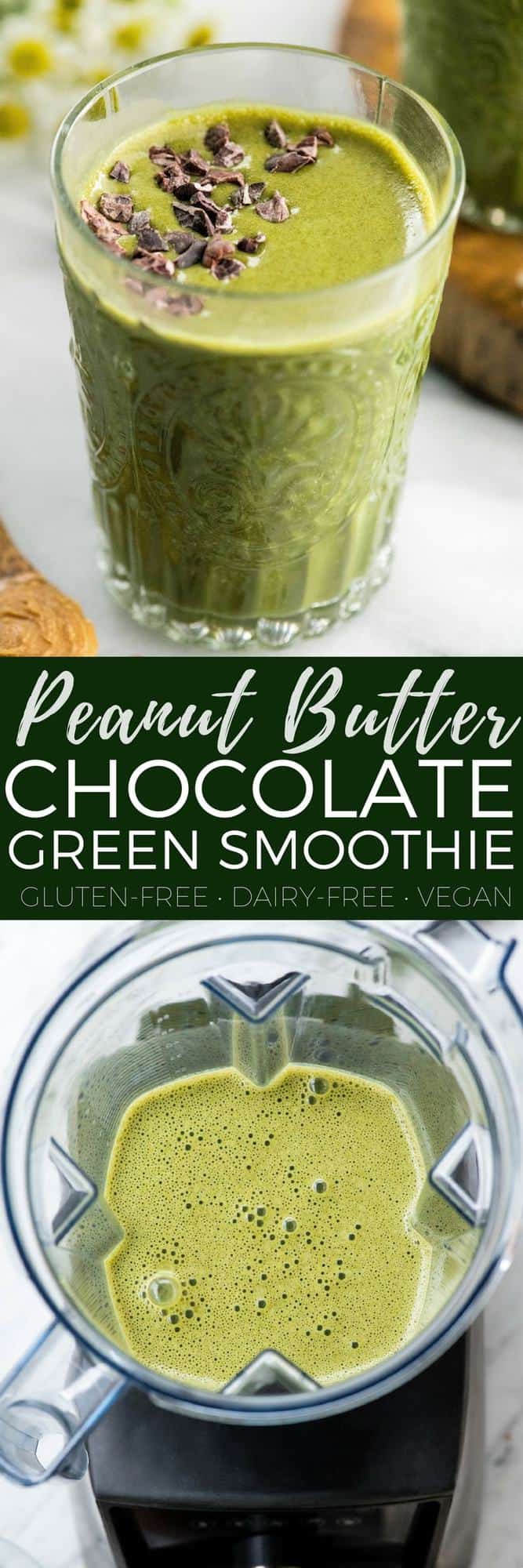 This Dairy-Free Chocolate Peanut Butter Smoothie with Spinach is a nutritional powerhouse that tastes like a liquid peanut butter cup! It's the perfect breakfast recipe and a great way to start any day! #greensmoothie #dairyfree #vegan #glutenfree #proteinpowder #chocolate #peanutbutter