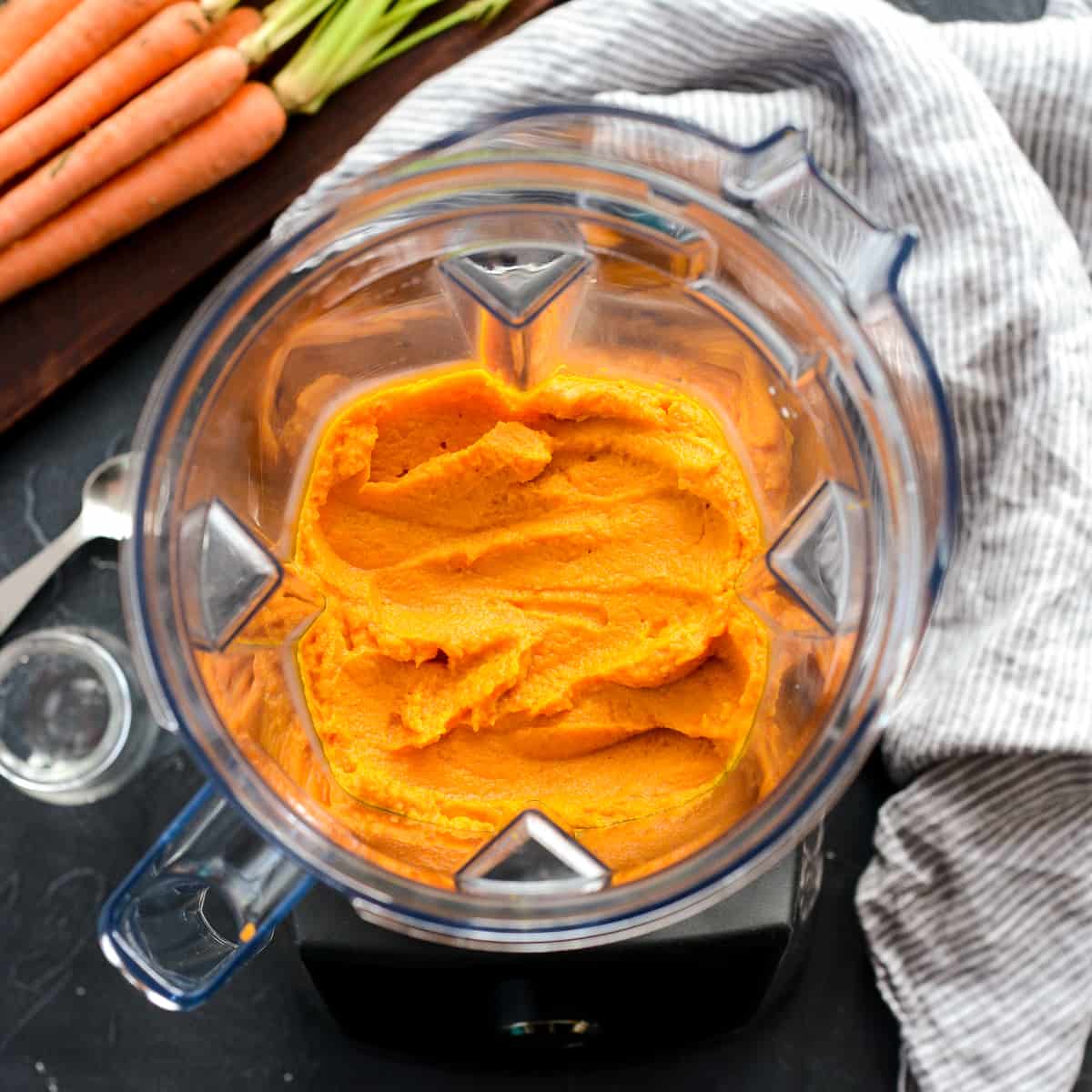 Overhead view of Homemade Baby Food Carrots puree in a vitamix blender after being blended