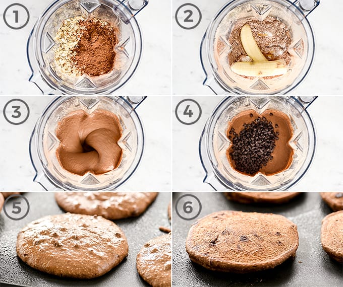 Overhead view of six step-by-step photos in the making of this chocolate pancake recipe