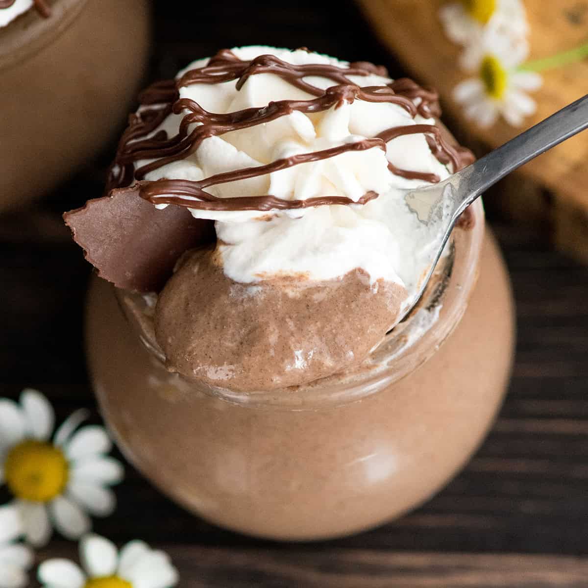 a spoon with a scoop of chocolate peanut butter chia pudding resting on a glass jar