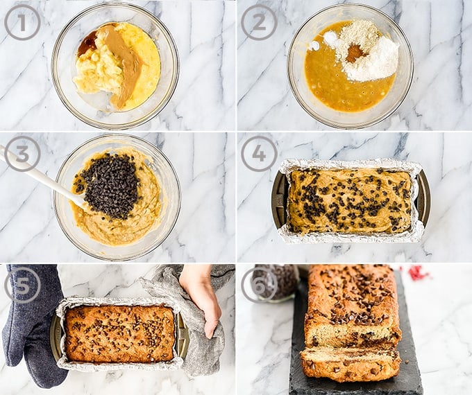 Six overhead photos showing the process of how to make paleo banana bread