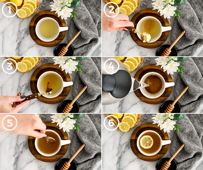 overhead view of six photos showing exactly how to make immune boosting tea