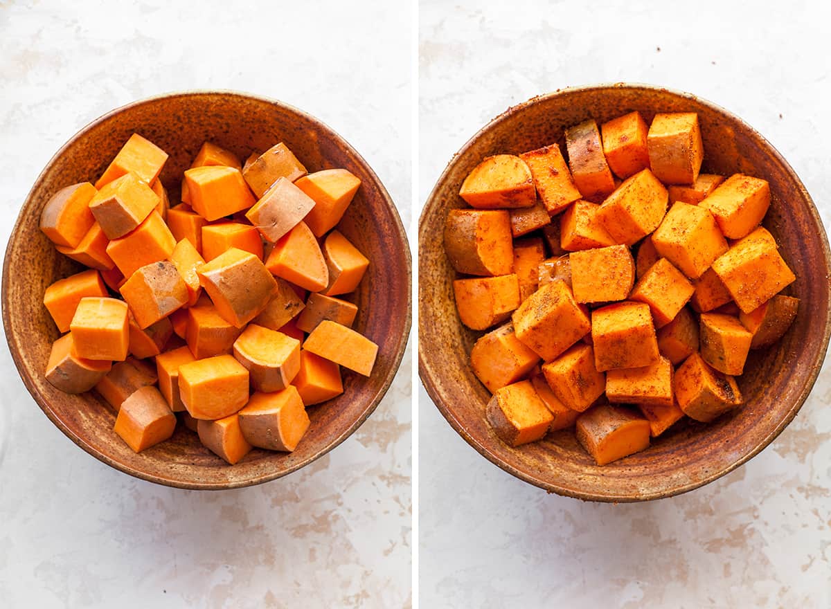 two overhead photos showing how to make sweet potato tacos