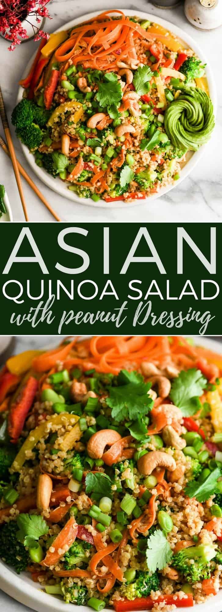 Asian Quinoa Salad with Peanut Dressing recipe is the perfect side dish or meatless main dish! It's loaded with veggies, high in protein and bursting with flavor! #quinoa #glutenfree #dairyfree #vegan #salad #sidedish #peanutsauce