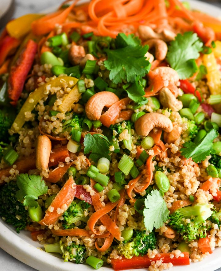 Up-close, angled overhead view of Asian Quinoa Salad with Peanut Dressing recipe 
