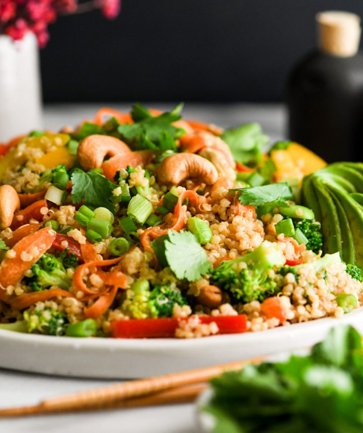 Side view of Asian Quinoa Salad with Peanut Dressing recipe