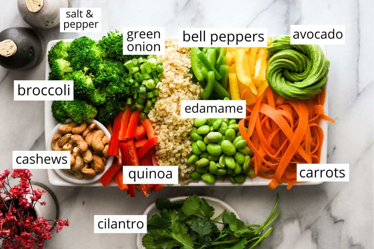 overhead photo of the labeled ingredients in this Asian Quinoa Salad  recipe