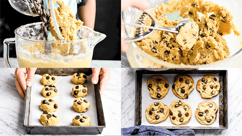 overhead view of four photos in a collage showing the steps in making this best chocolate chip cookie recipe