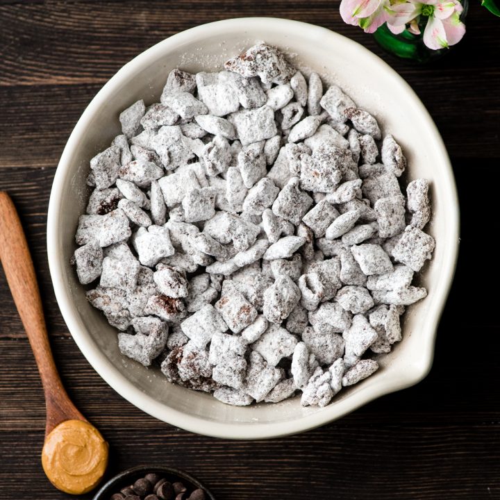 Overhead view of a bowl of the best puppy chow recipe in a bowl