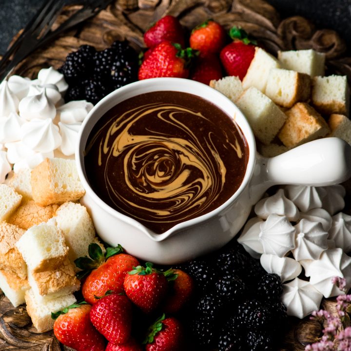 Overhead view of Chocolate Peanut Butter Fondue with a peanut butter swirl 