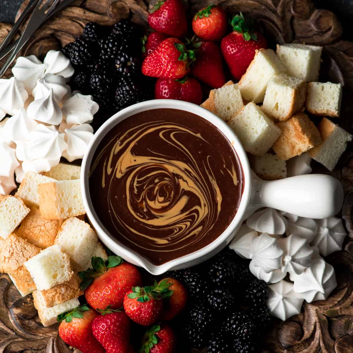 Overhead view of Chocolate Peanut Butter Fondue with a peanut butter swirl 