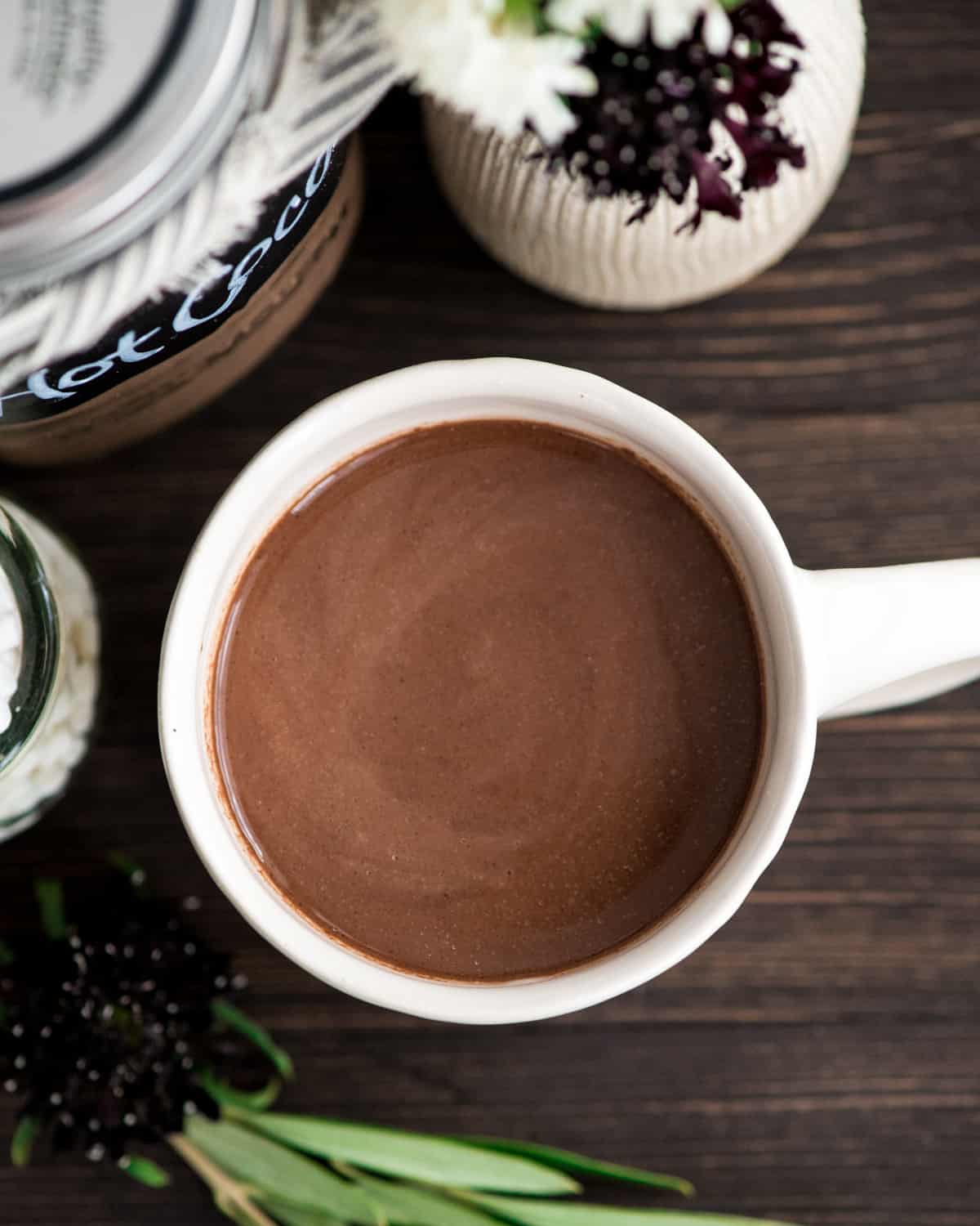 Overhead view of a mug of Dairy-Free Hot Chocolate Mix made into hot cocoa 