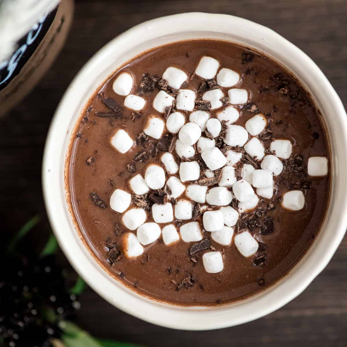 a mug of Dairy-Free Hot Chocolate mix made into hot cocoa topped with mini marshmallows and chocolate shavings 