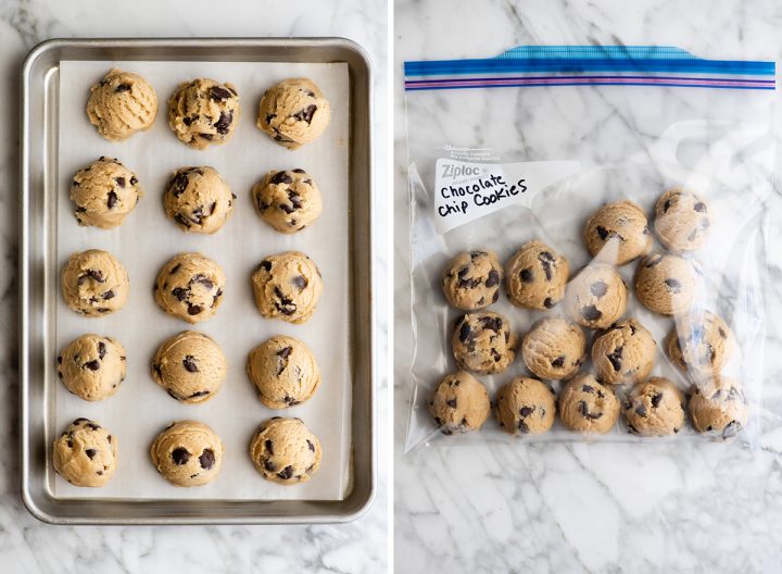 two overhead photos showing How to Freeze Chocolate Chip Cookie Dough - left shows dough flash-frozen on a pan, right shows dough in a plastic bag
