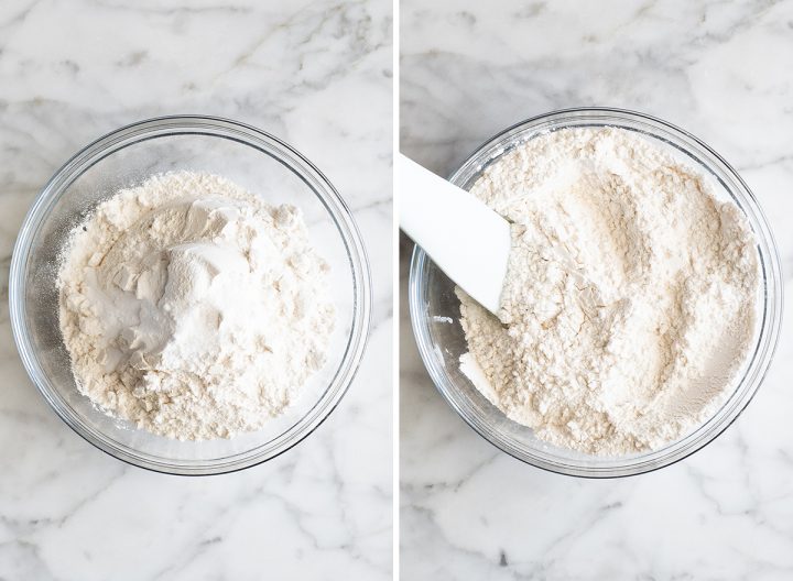 two photos showing How to make chocolate chip cookies - mixing dry ingredients