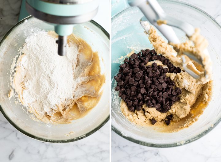 two photos showing How to make chocolate chip cookies, adding dry ingredients and chocolate chips