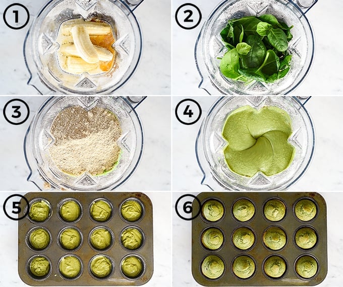 a collage of 6 photos showing how to make Banana Spinach Muffins in the blender 