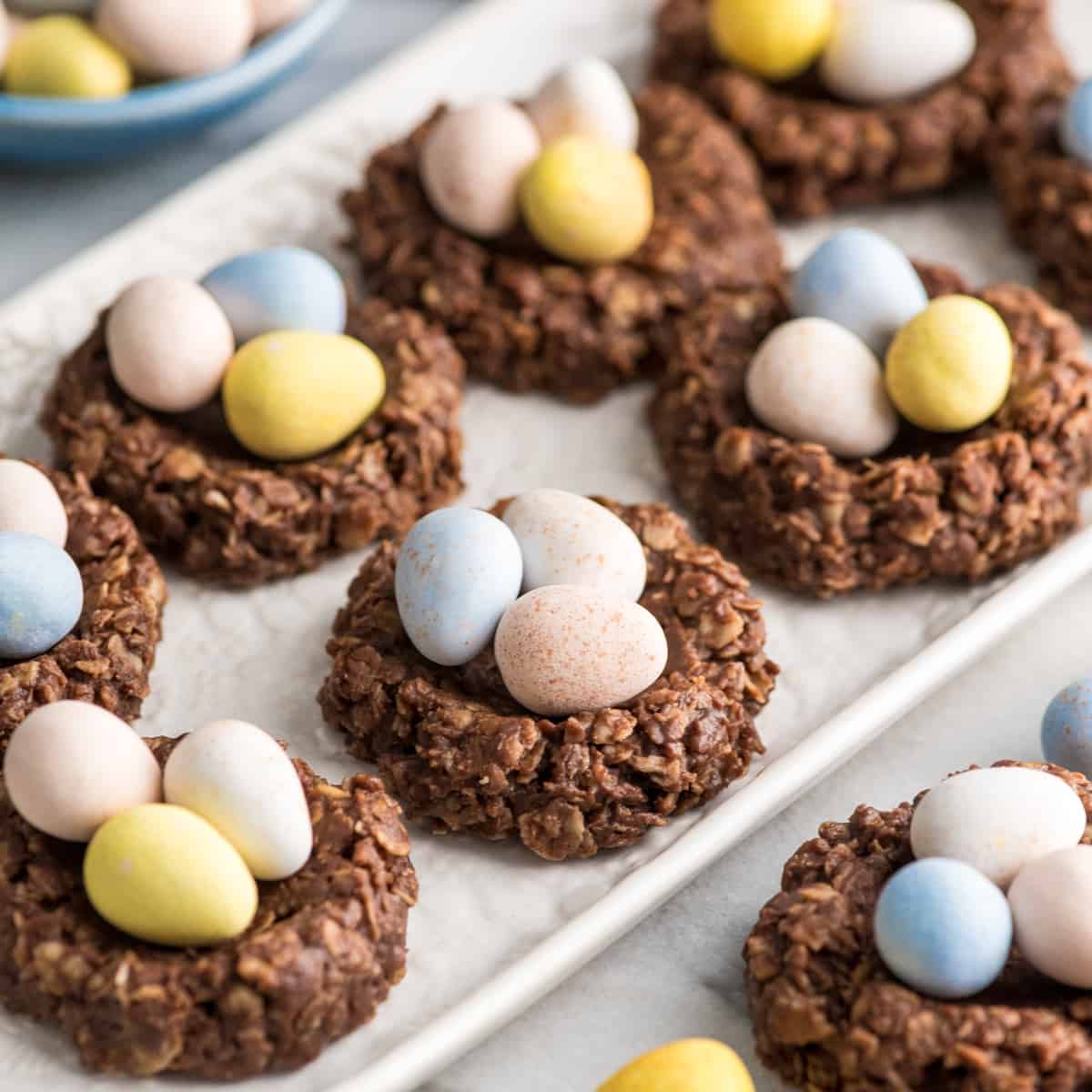 an oval platter of easter nest cookies with pastel eggs. 