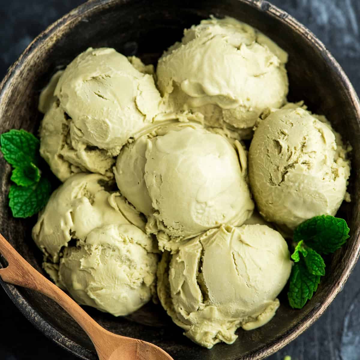 a bowl of dairy free match ice cream with 6 scoops.