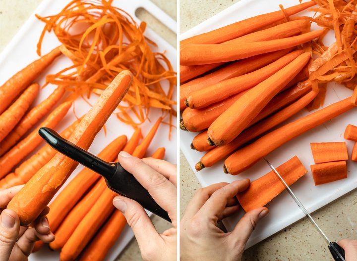 two photos showing how to peel and cut carrots to make honey roasted carrots