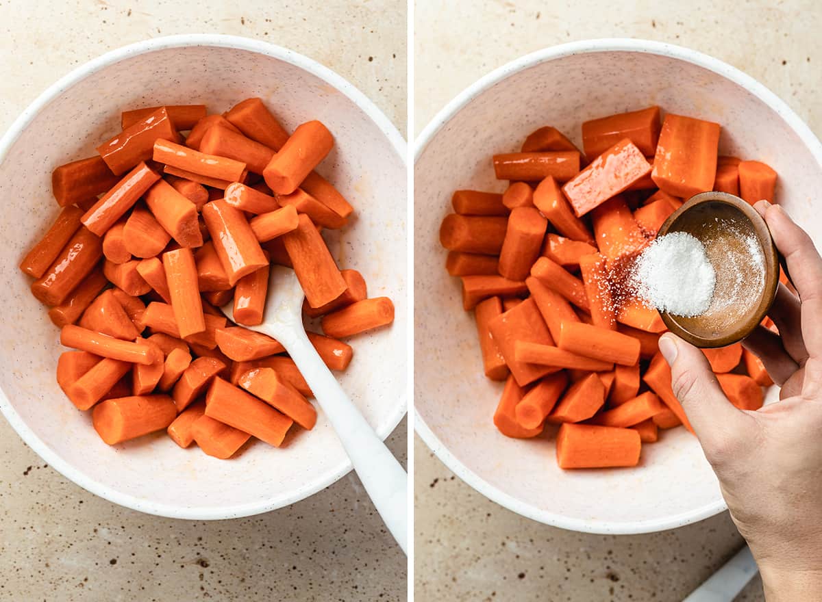 two photos showing How to Make Honey Roasted Carrots - adding oil/butter and salt