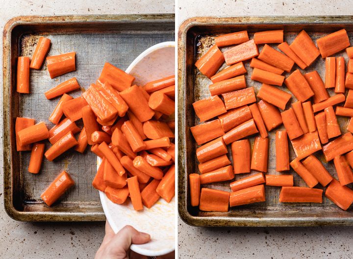 two photos showing How to Make Honey Roasted Carrots - roasting on a baking pan