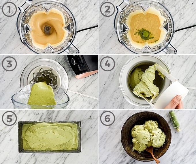 overhead view of six step by step photos showing how to make matcha ice cream
