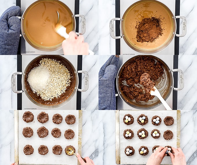 Six overhead photos showing the process of how to make easter nest cookies