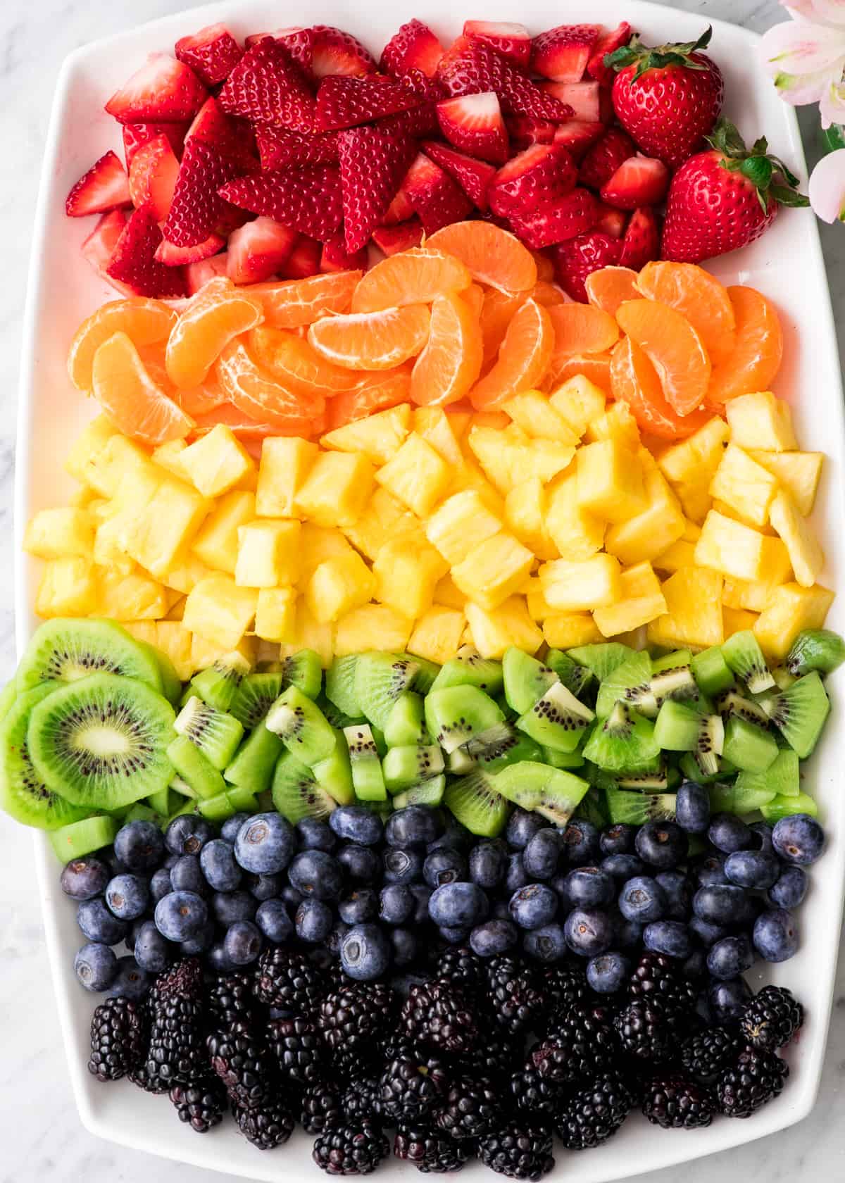 Overhead view of a large oval platter with a rainbow of fruits lined up by color 