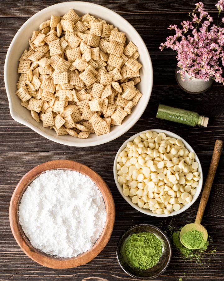 Overhead view of all the ingredients laid out ready to make White Chocolate Matcha Puppy Chow 