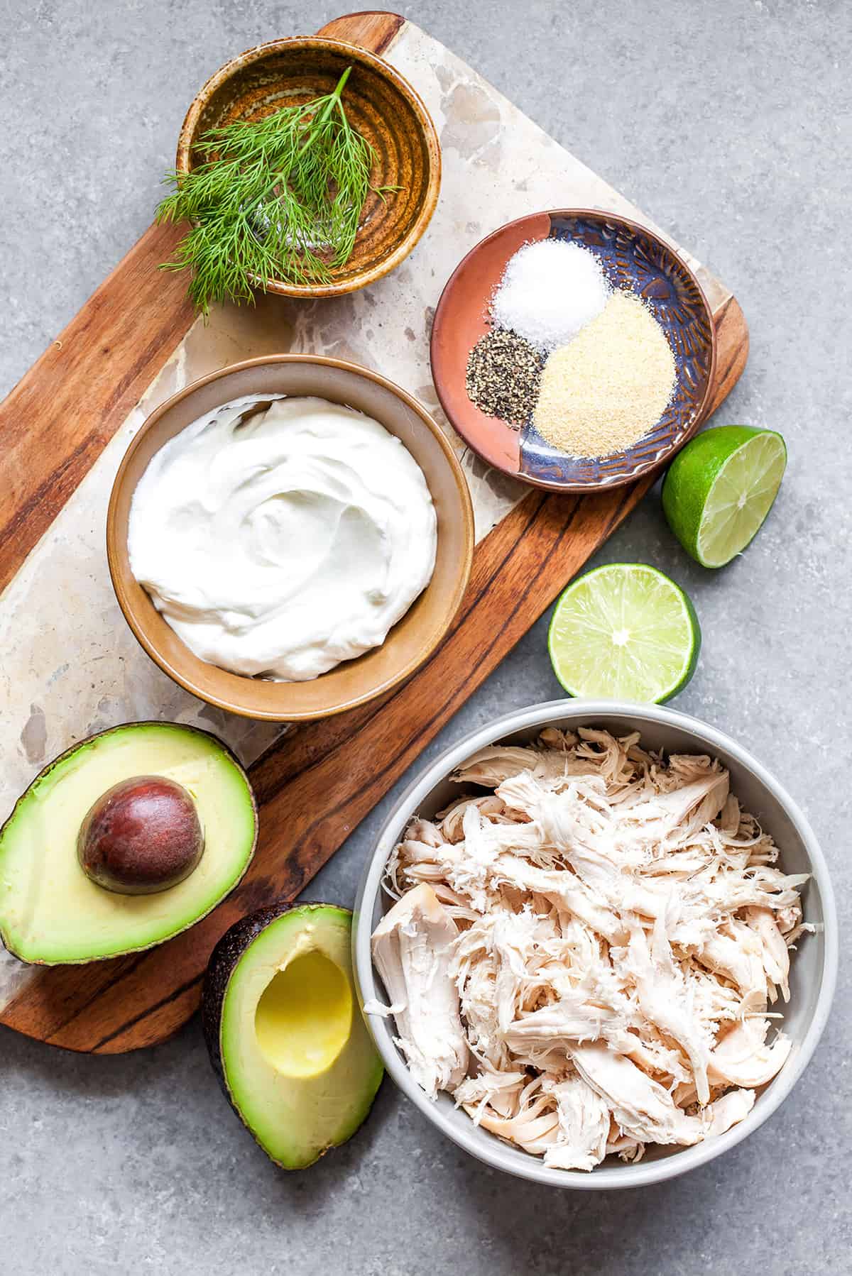 overhead view of the ingredients in this Healthy Avocado Chicken Salad recipe