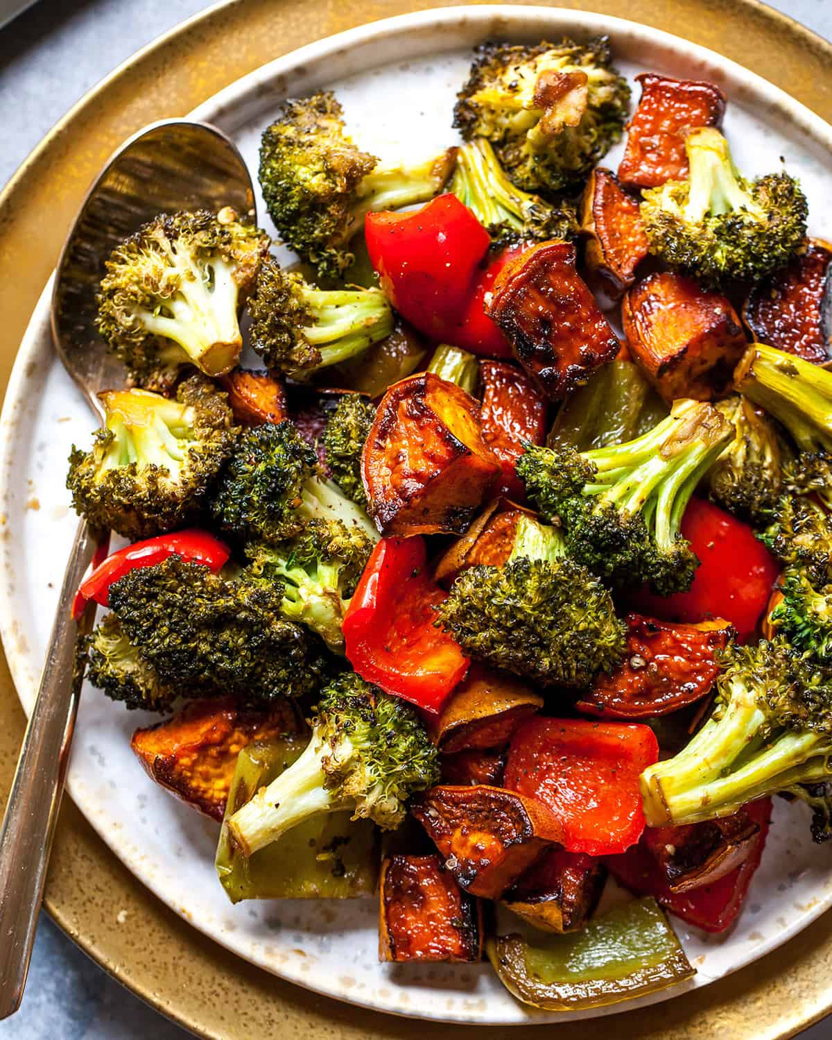 overhead view of a plate of balsamic roasted vegetables recipe