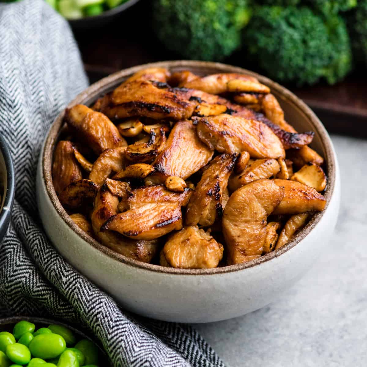 bowl of browned chicken to be used in this Cashew Chicken Stir Fry recipe