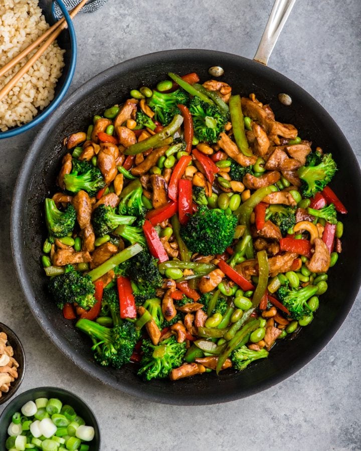 Cashew Chicken Stir Fry in a fry pan after it has been cooked