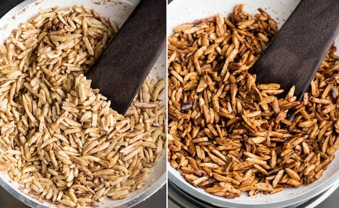 Overhead view collage of easy candied almonds. The picture on the left shows the almonds right after the dry ingredients have been added. The photo on the right shows them in the pan at the end of the cooking time. 