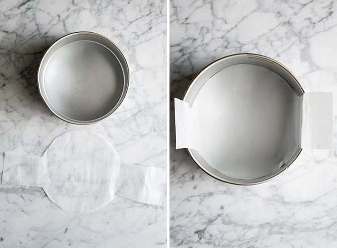 two photos showing How to line a cake pan 