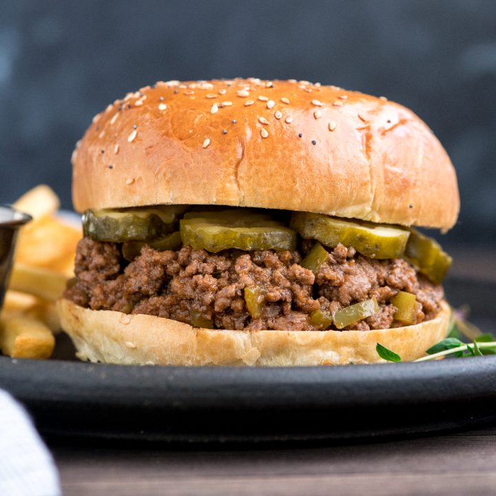 healthy sloppy joes on a bun with pickles 